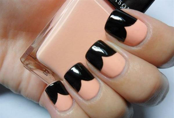 Beige Nails With Black Glossy Tip Design Nail Art