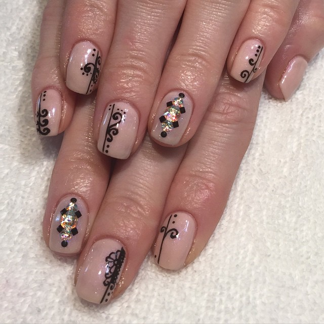 Beige Nails With Black Lace Design Nail Art