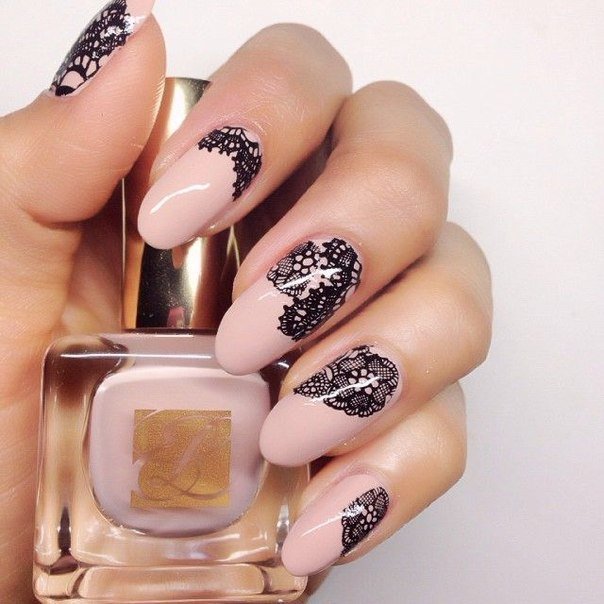 Beige Nails With Black Lace Flowers Nail Art