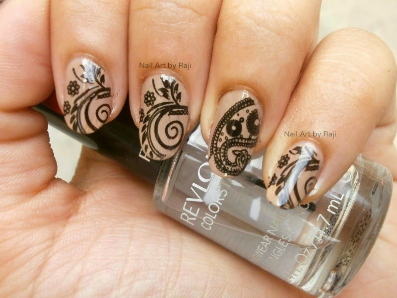 Beige Nails With Black Stamping Design Nail Art