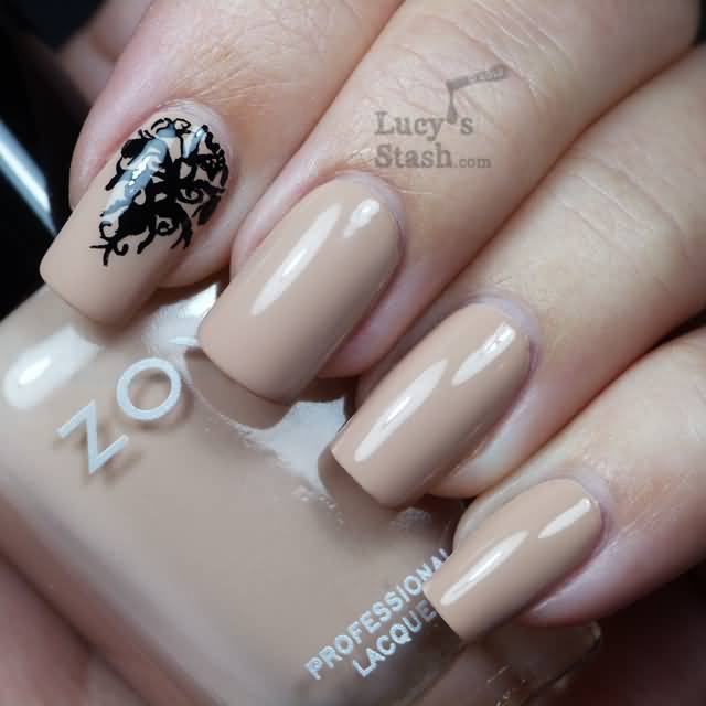 Beige Nails With Black Stamping Nail Design