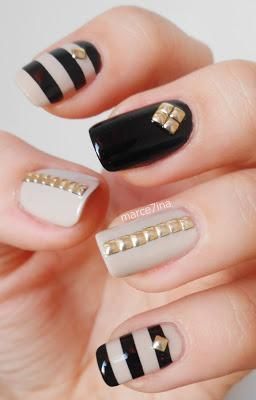 Beige Nails With Black Stripes And Golden Studs Design Nail Art