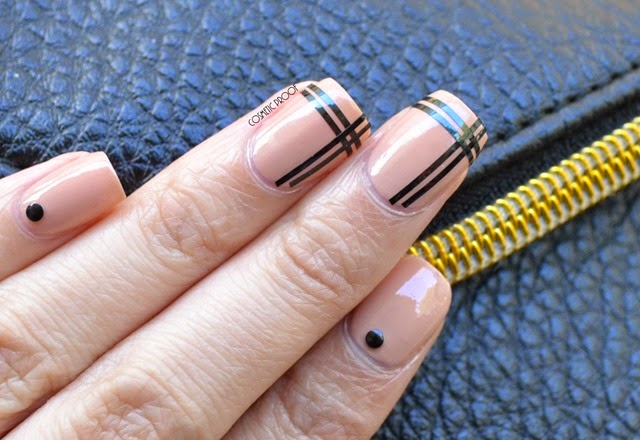 Beige Nails With Black Stripes Design Nail Art