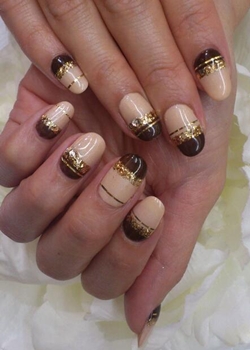 Beige Nails With Brown Tip And Gold Glitter Stripes Design Nail Art
