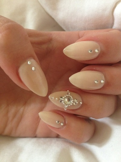 Beige Nails With Diamond Nail Art
