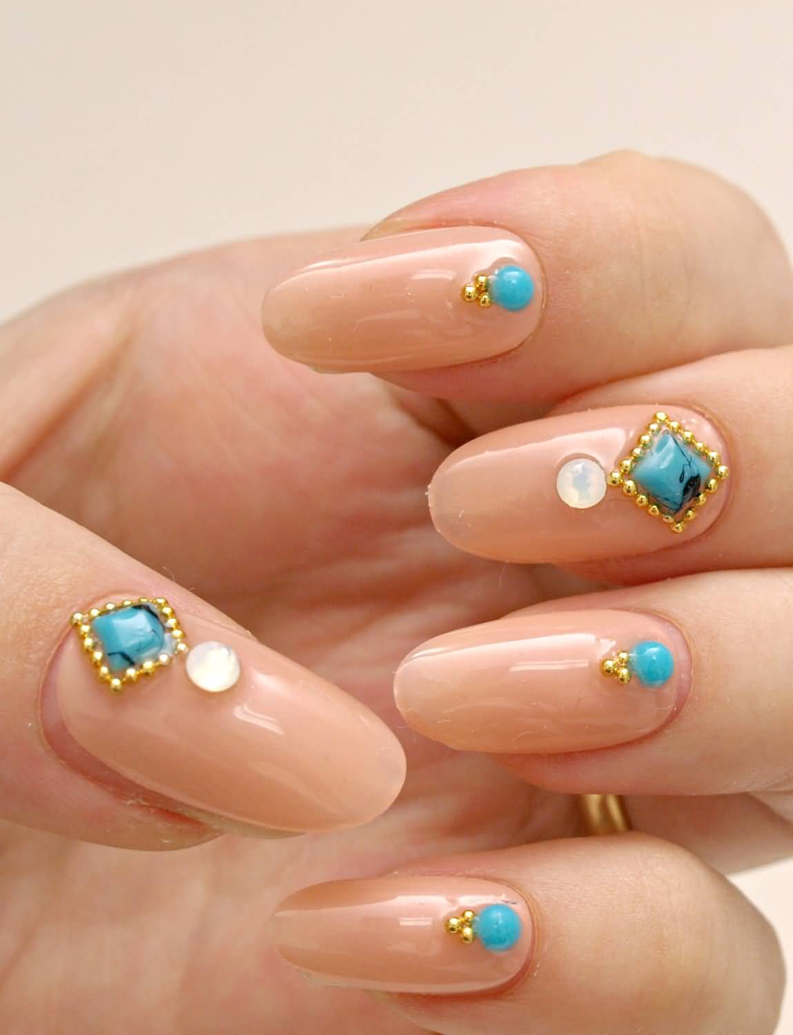 Beige Nails With Gems Nail Art