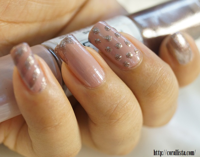 Beige Nails With Glitter Stripes And Polka Dots Design Idea