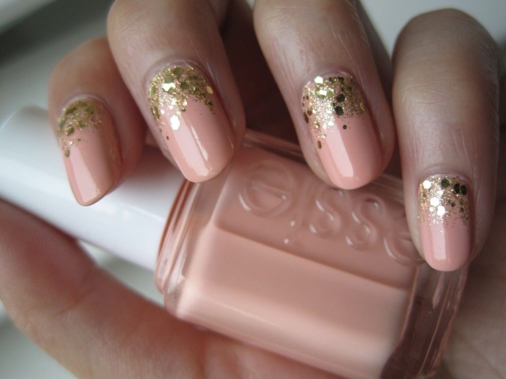 Beige Nails With Gold Glitter Design Nail Art