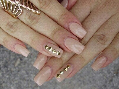 Beige Nails With Gold Studs Design Nail Art
