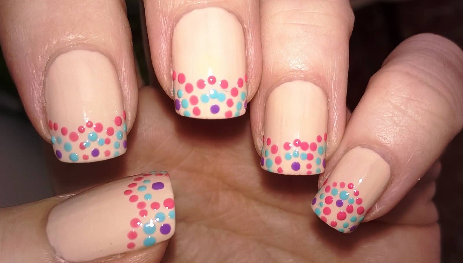 Beige Nails With Multicolored Dots Design Nail Art
