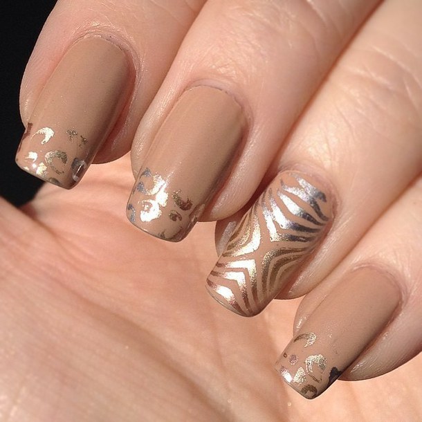 Beige Nails With Stamping Design Nail Art