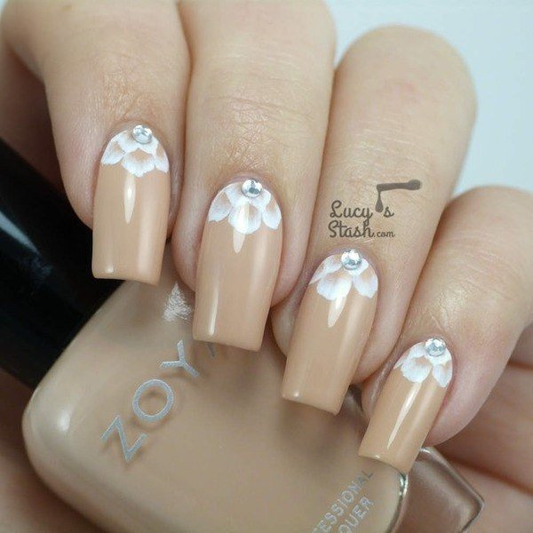 Beige Nails With White Flower Nail Art