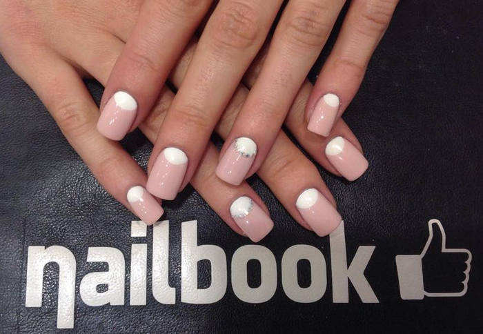 Beige Nails With White Half Moon Reverse French Nail Art