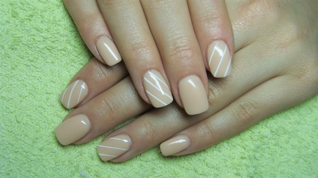 Beige Nails With White Lines Design Idea