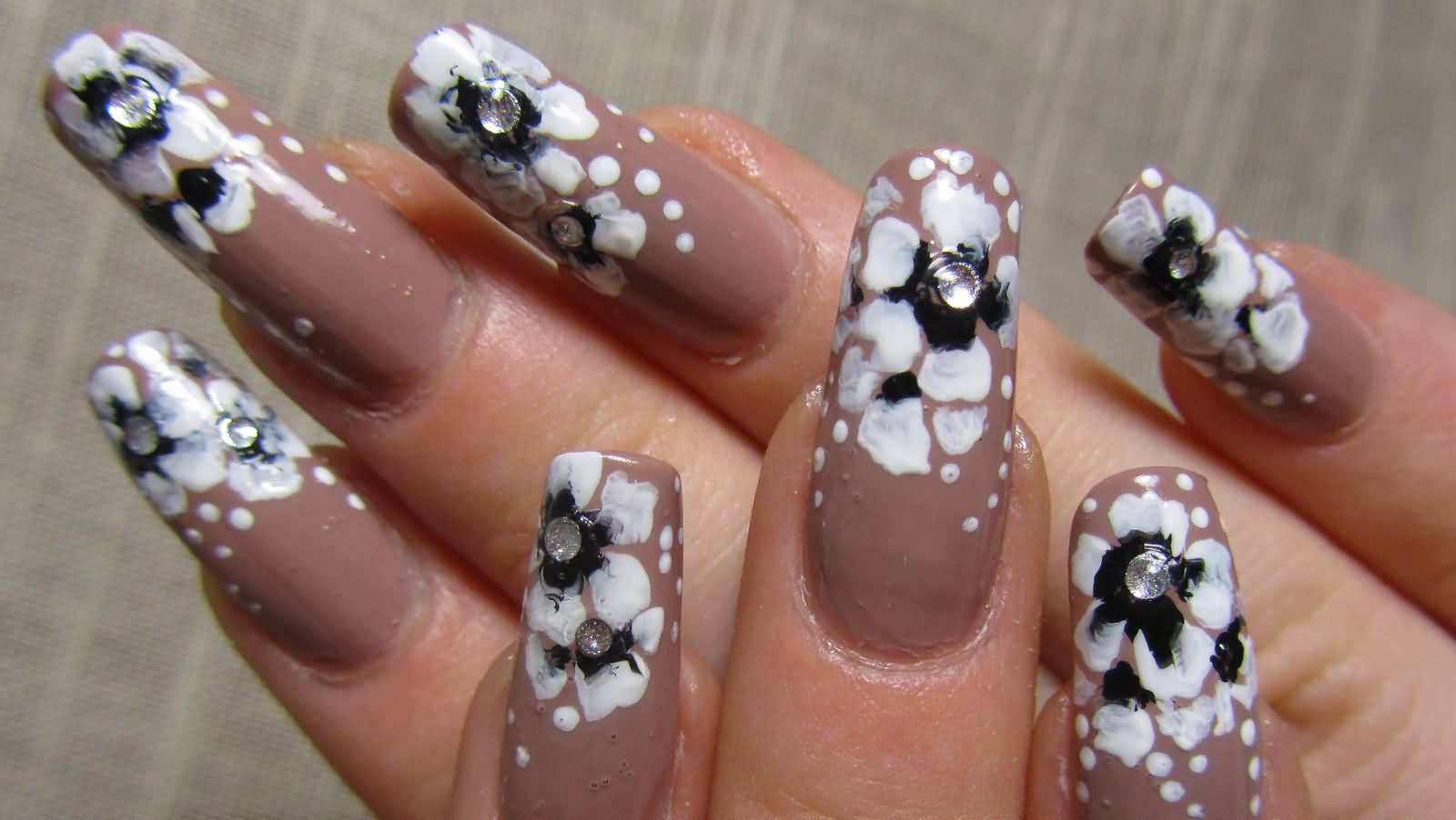 Beige Nails With White One Stroke Flowers Nail Art
