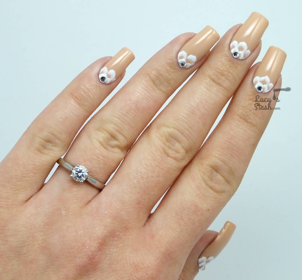 Beige Nails With White Reverse French Flowers Nail Art