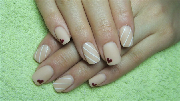 Beige Nails With White Stripes And Red Heart Nail Art