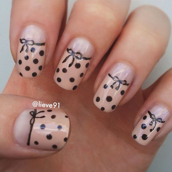 Beige With Black Tip And Bow Design Nail Art