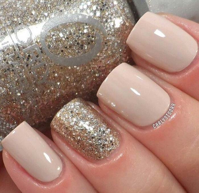 Beige And Accent Glitter Nail Art