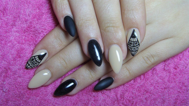 Black And Beige Almond Nail Art