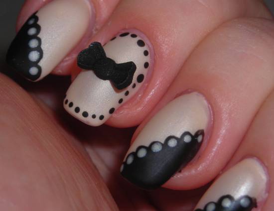 Black And Beige Nails With 3D Bow Design Idea