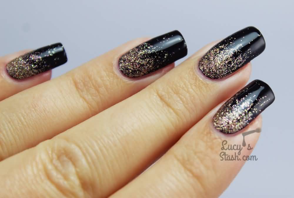 Black And Glitter Gradient Nail Art