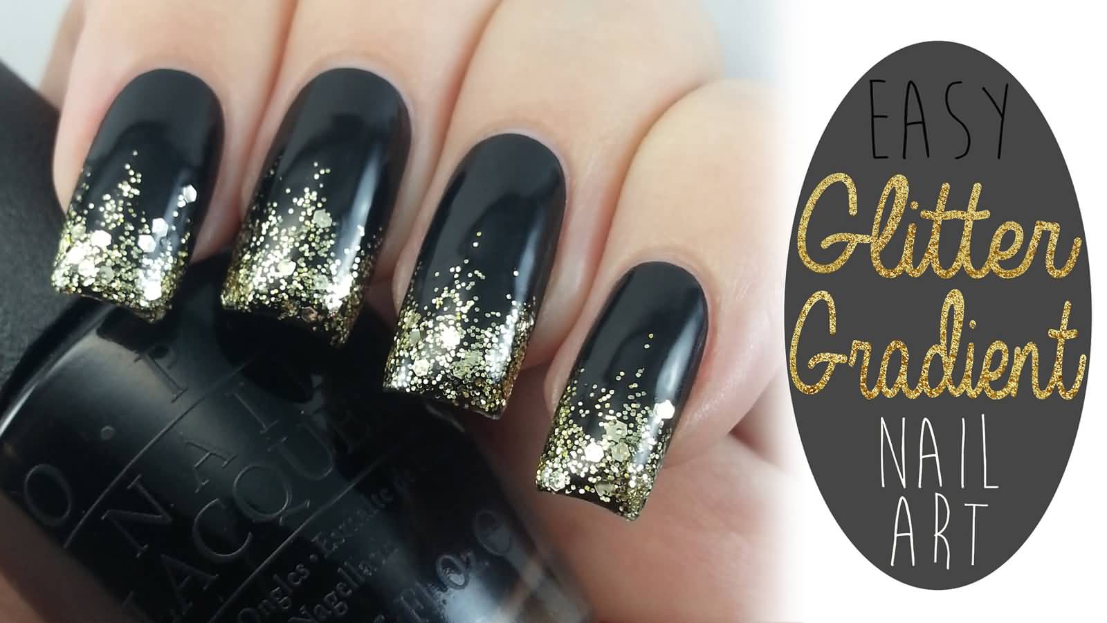 Black And Gold Glitter Gradient Nail Art Idea