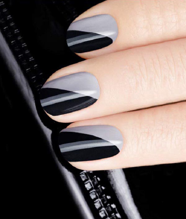 Black And Gray Diagonal Nail Art Design