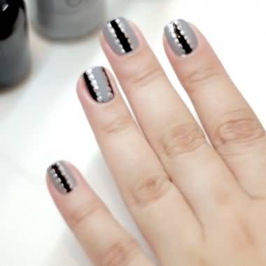 Black And Gray With Silver Dots Design Nail Art Design