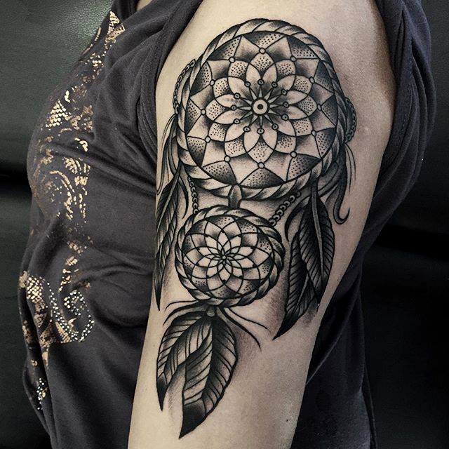 Black And Grey Dreamcatcher Tattoo On Left Half Sleeve by Samuele Briganti