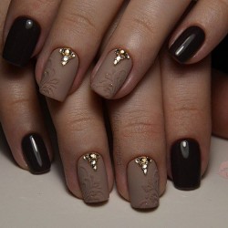 Black And Matte Beige Nail Art With Studs Design