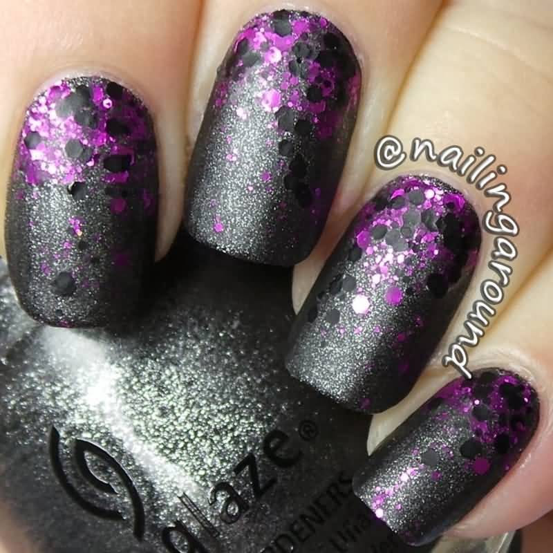 Black And Purple Glitter Gradient Nail Art
