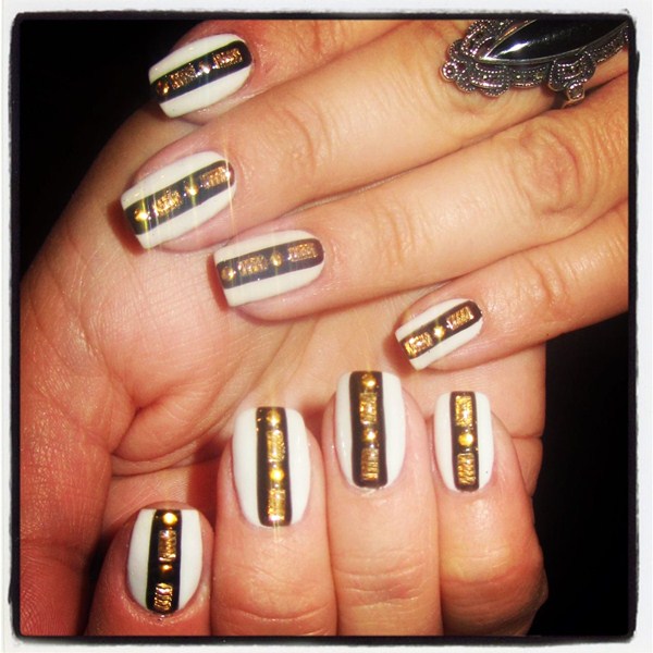 Black And White Nails With Gold Studs Design Nail Art