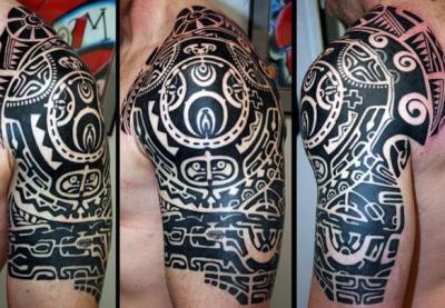Black Ink Filipino Tribal Tattoo On Left Half Sleeve