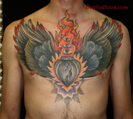 Black Ink Sacred Winged Heart Tattoo On Chest For Men