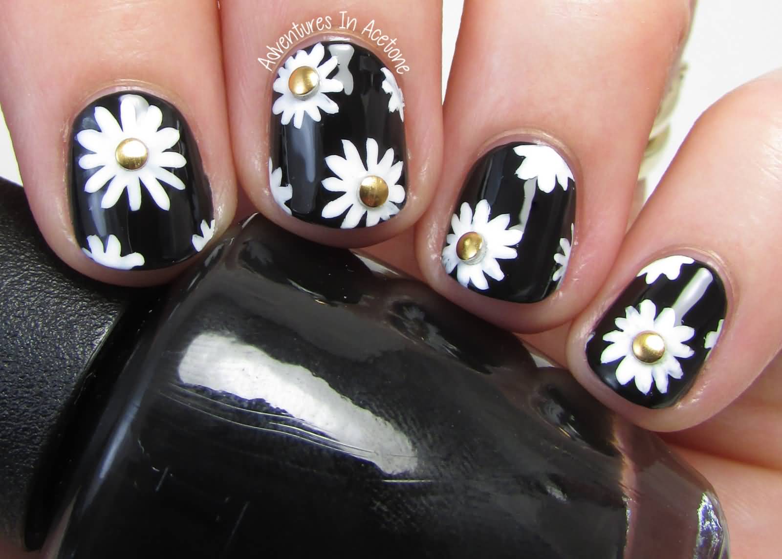 Black Nails With White Flower And Gold Caviar Beads Design Nail Art