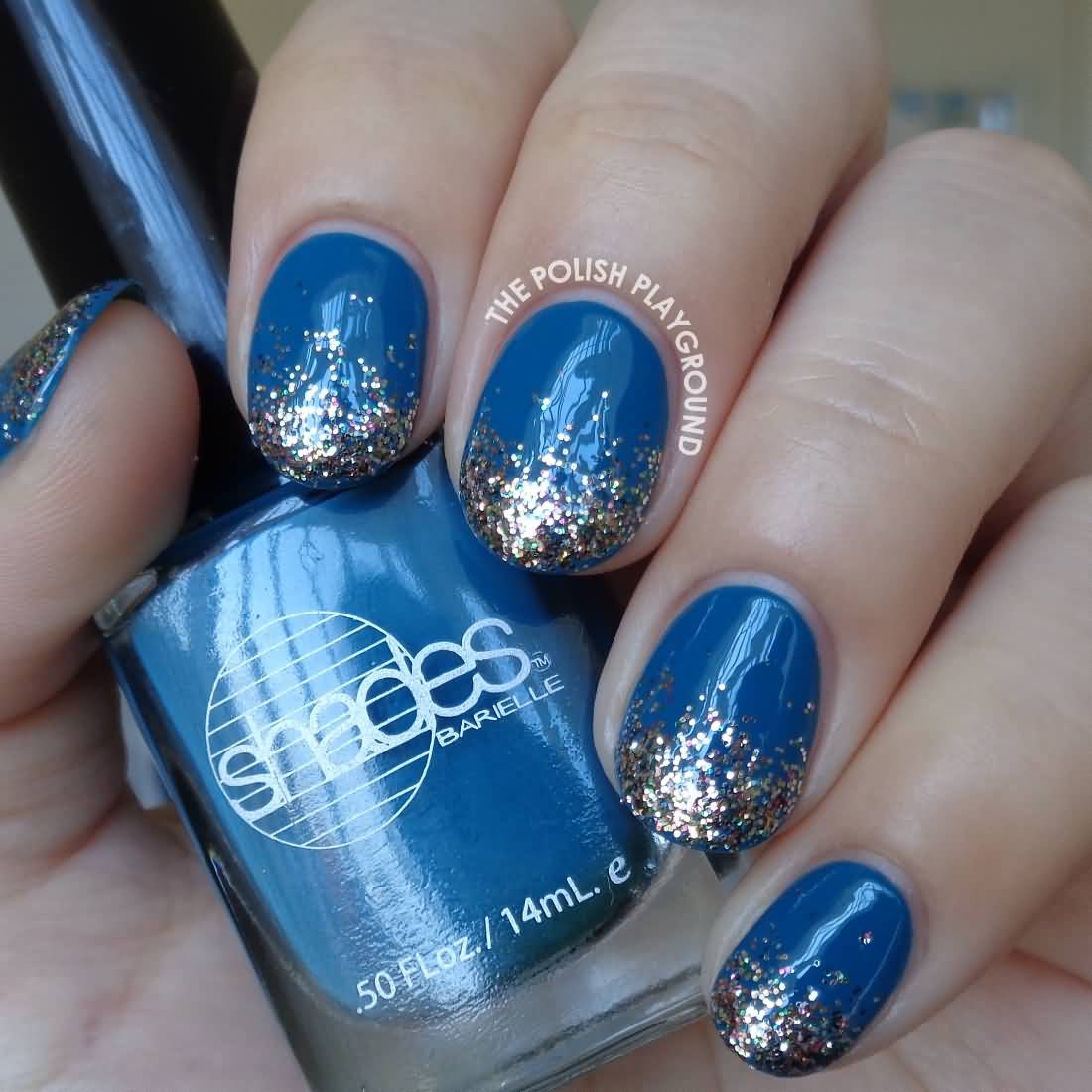 Blue And Gold Glitter Gradient Nail Art Idea
