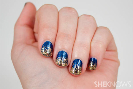 Blue And Gold Glitter Gradient Nail Art
