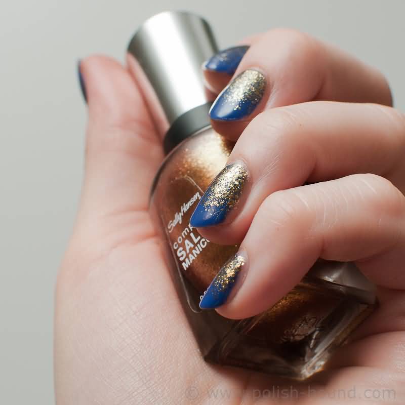Blue And Gold Glitter Gradient Nail Idea