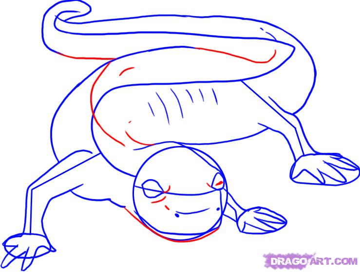 Blue And Red Line Salamander Tattoo Drawing