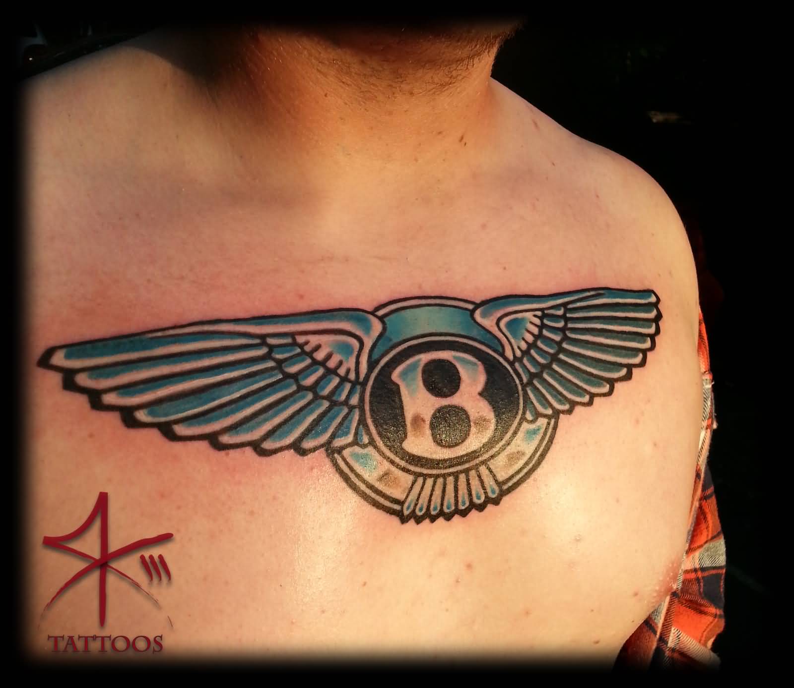 Blue Bentley Chest Tattoo For Men
