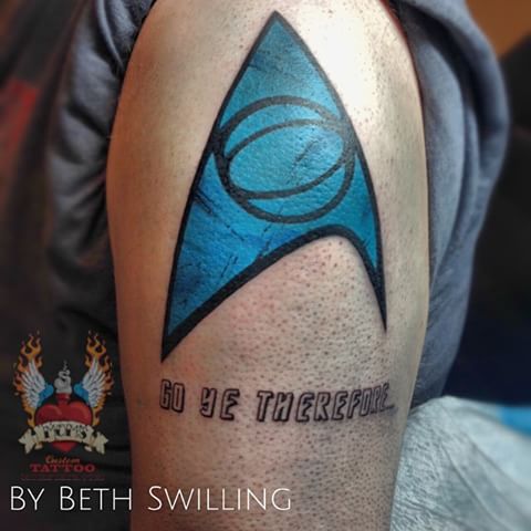 Blue Color Star Trek Logo Tattoo On Shoulder By Beth Swilling
