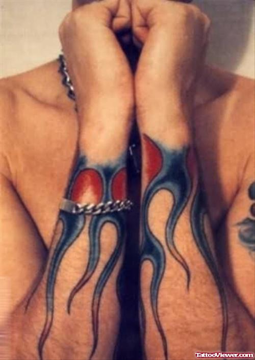 Blue Flames Both Wrist Tattoo