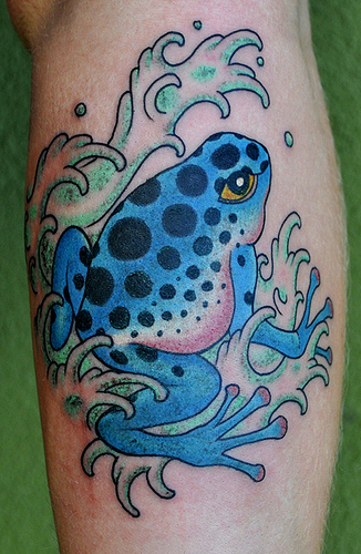 Blue Frog With Water Waves Traditional Tattoo