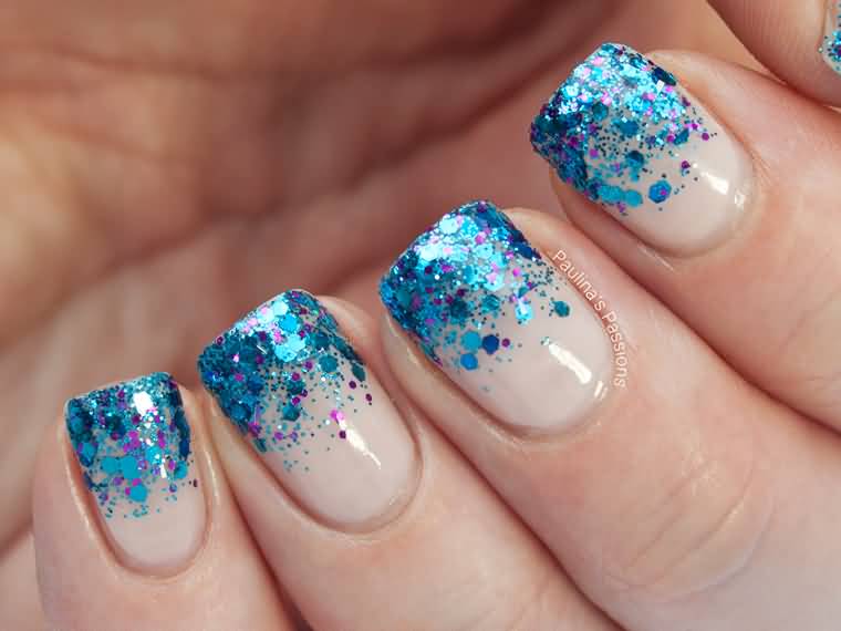 Blue Glitter With Nude Gradient Nail Art