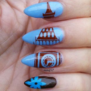 Blue Nails With Brown Bell Tower Design Nail Art