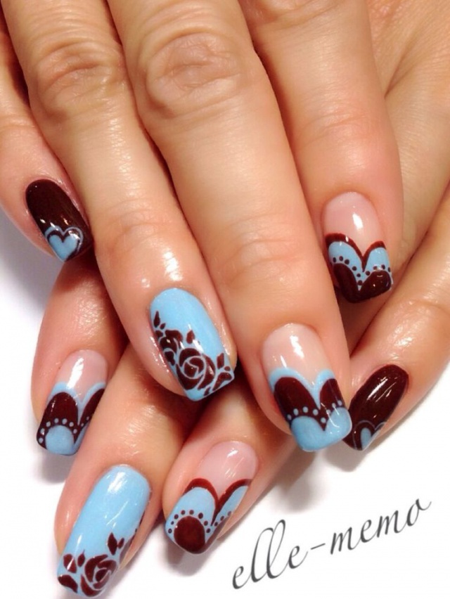 Blue Nails With Brown Heart And Rose Flower Nail Art