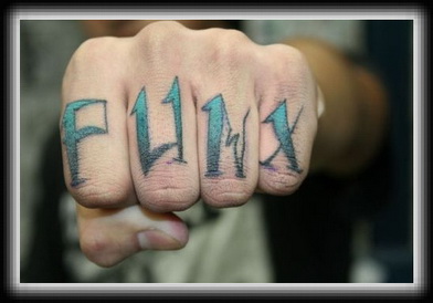 Blue Punk Word Tattoo On Fingers