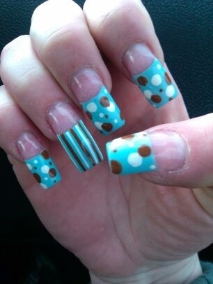 Blue Tip Nails With Brown And White Polka Dots And Stripes Design Nail Art