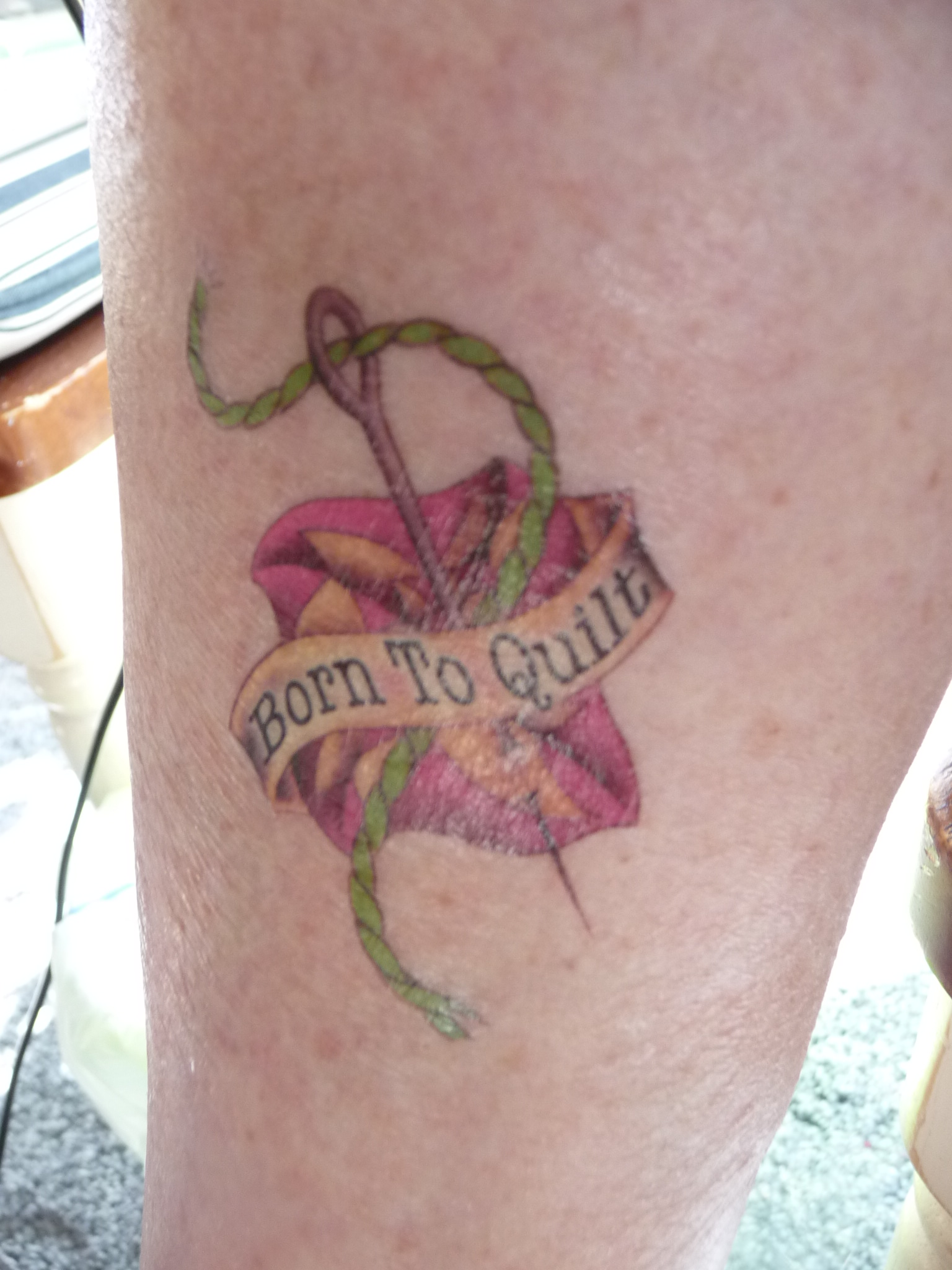 Born To Quilt Tattoo On Leg